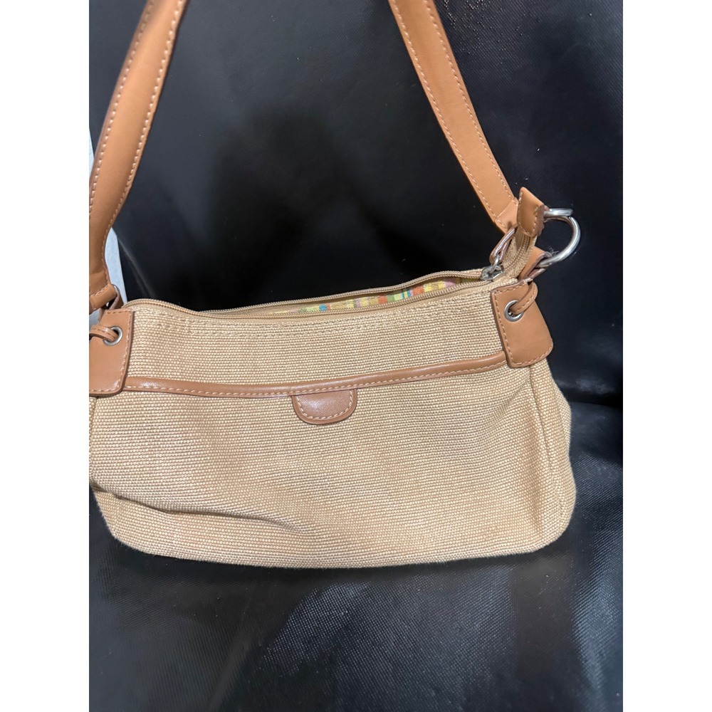 Fossil Tan Woven Straw Leather Trim Shoulder Bag Baguette Striped Lining 75082